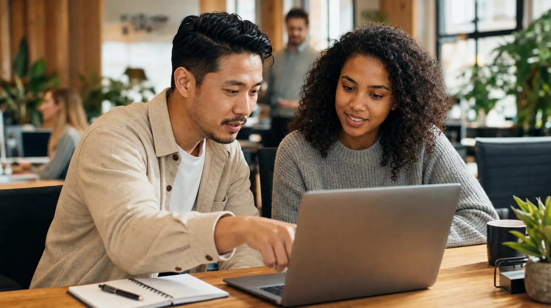 Two colleagues review hiring notes on a laptop in a bright office, supporting talent acquisition.