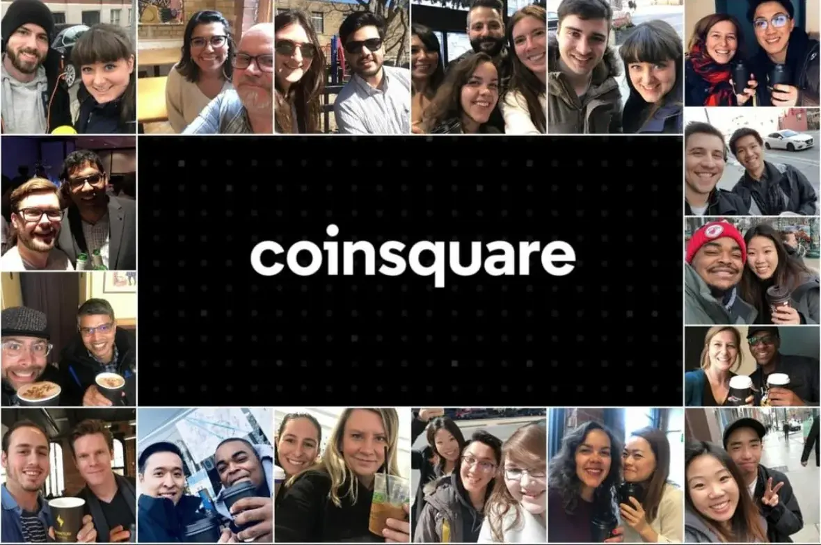 Collage of people smiling and socializing with Coinsquare branding, showcasing social media recruitment energy.