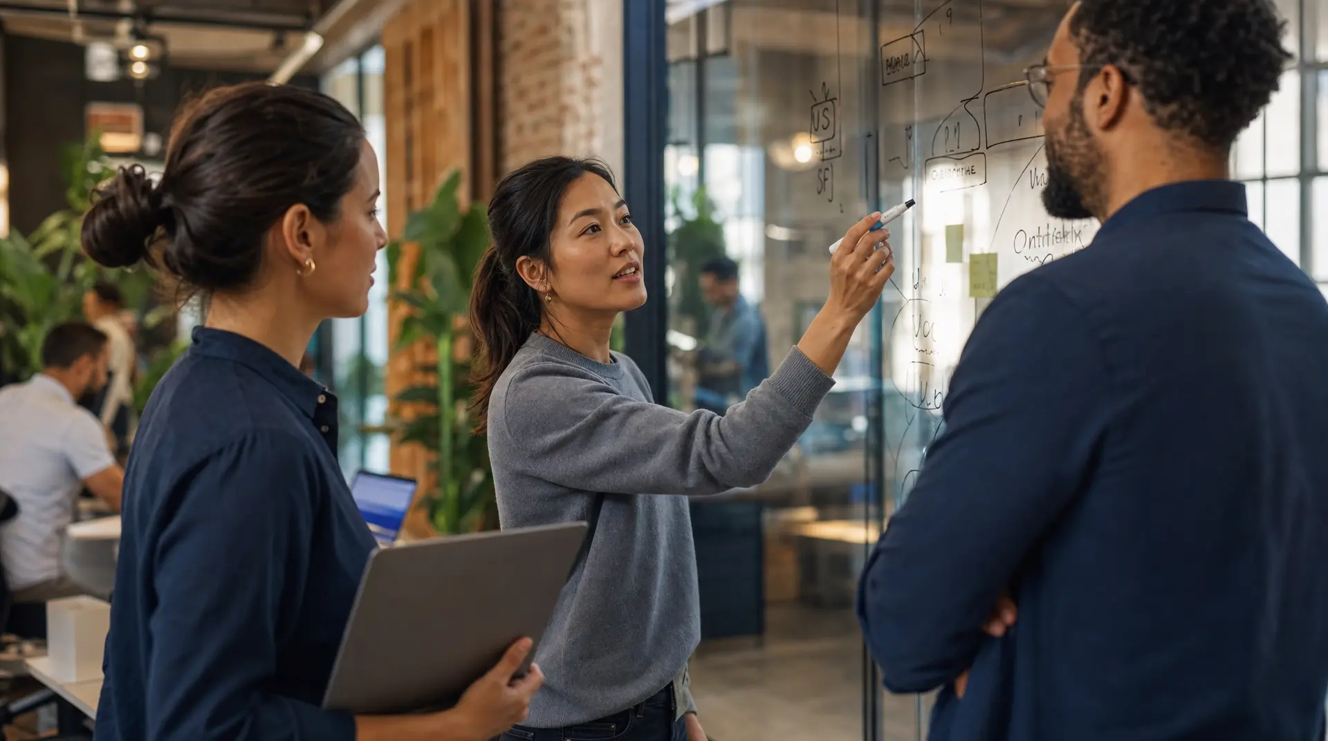 A team brainstorms at a glass-walled office with a dry-erase board, collaborating on an agile recruitment process and hiring workflow ideas.