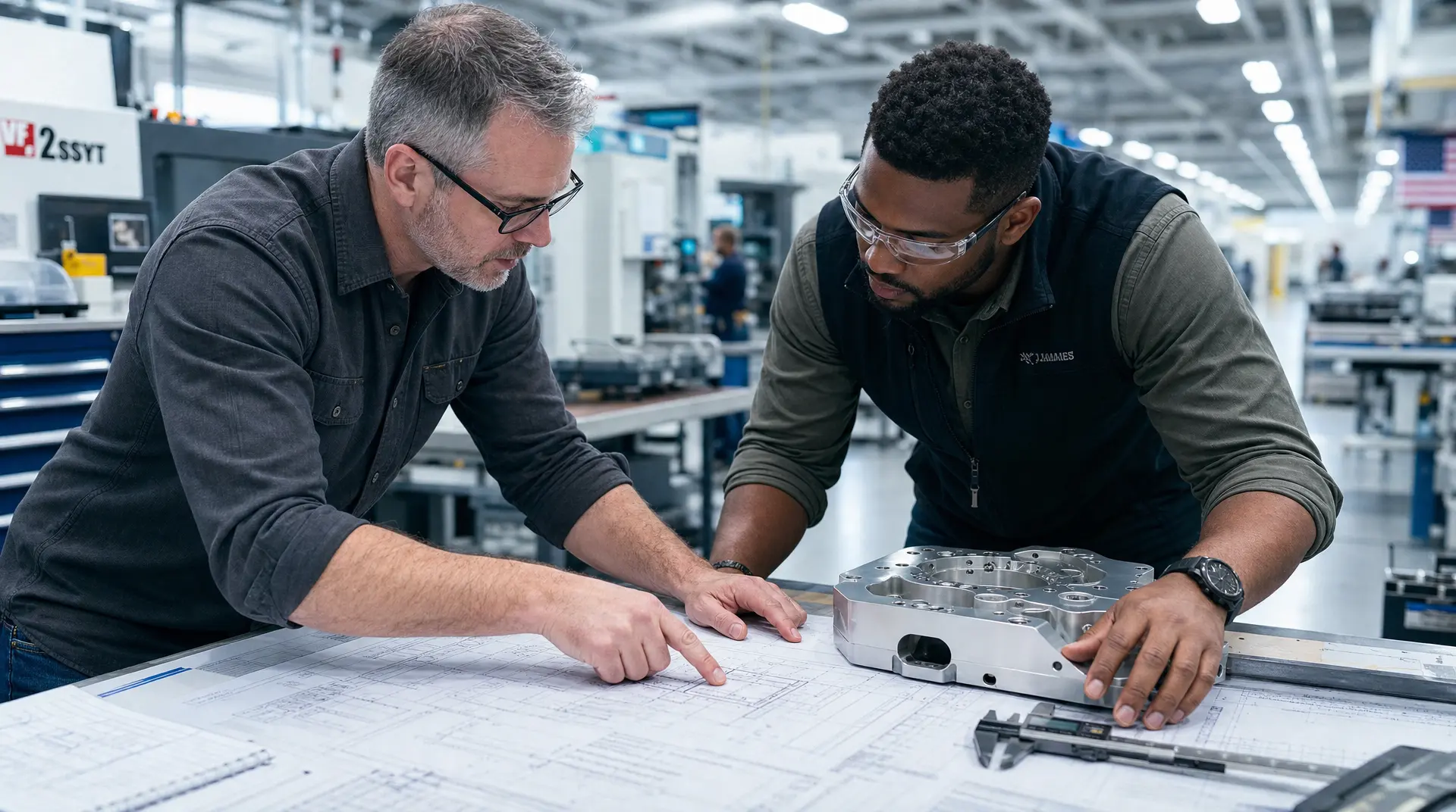 Two engineers in a modern factory work together over a blueprint, aligning a precision metal component on a worktable while discussing details.