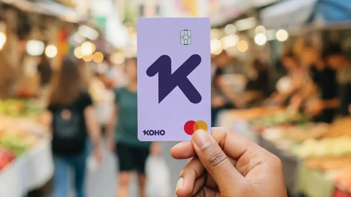 Hand holds a purple Koho card with a chip and large "K" logo while people blur in the background, signaling digital recruitment.