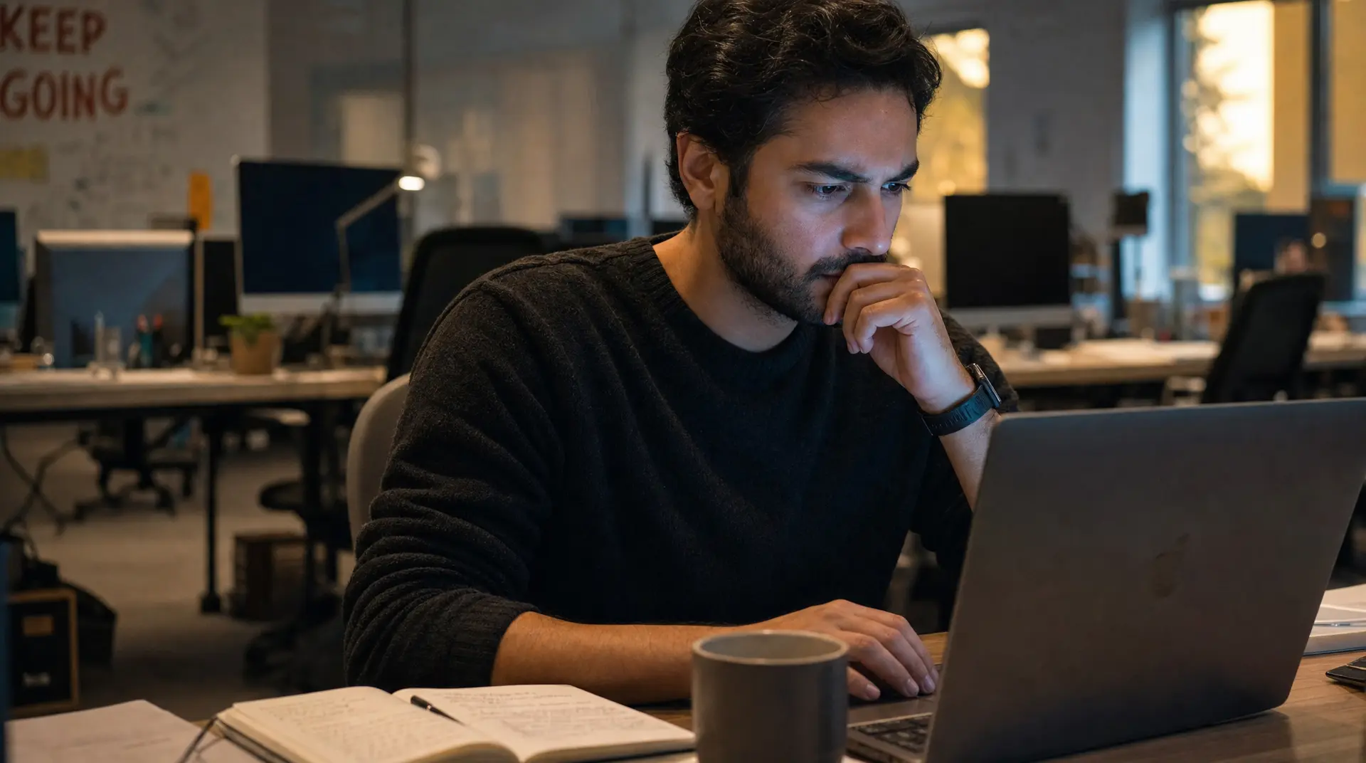 A professional in an office sits at a desk using a laptop while thinking, coffee cup nearby, reflecting technology and recruitment workflows.
