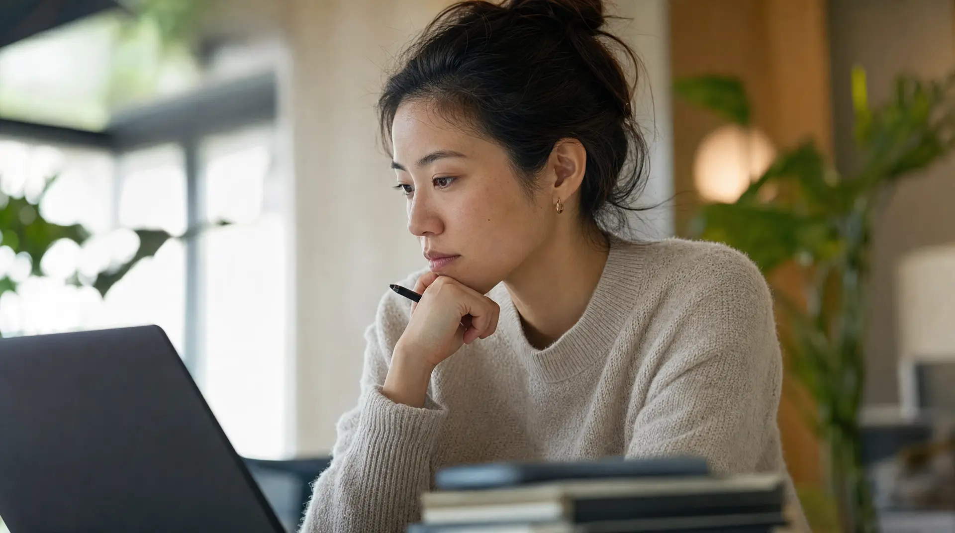 Woman at a desk rests her chin near a laptop while using recruitment software to evaluate applicants.