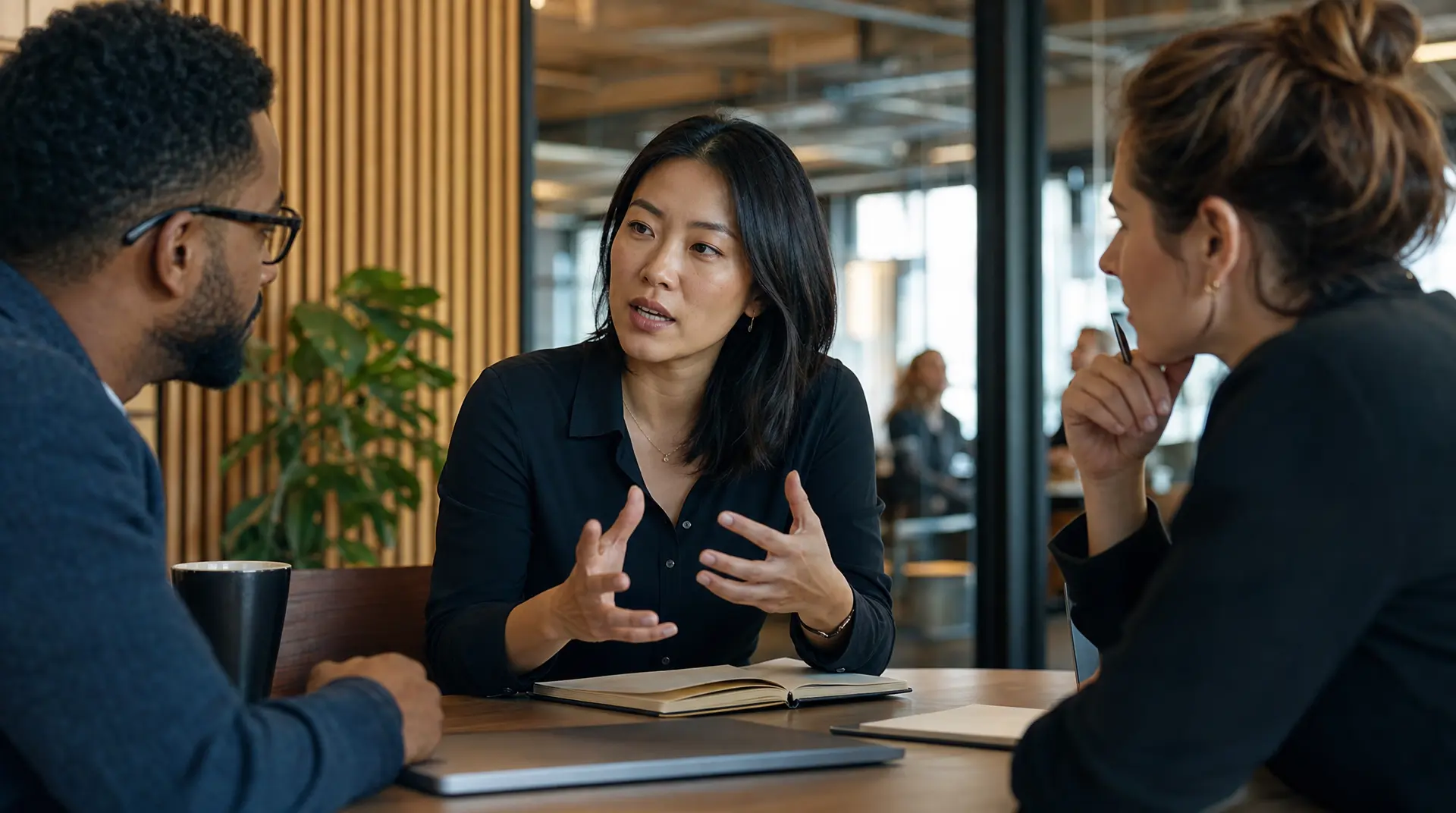 A woman in a meeting room speaks with two colleagues, reflecting on a recruitment consultant discussion for talent acquisition planning.