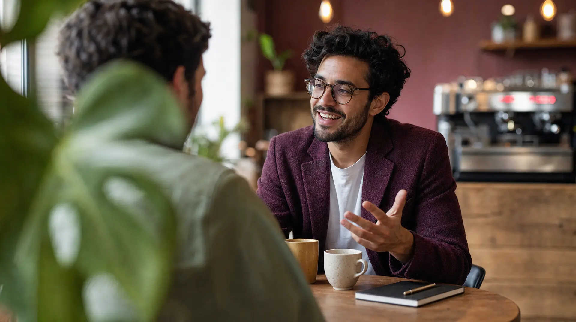 Two professionals sit at a cafe table with coffee cups and a notebook, one person smiling and gesturing while discussing a role - supporting recruitment experience and improve candidate experience.