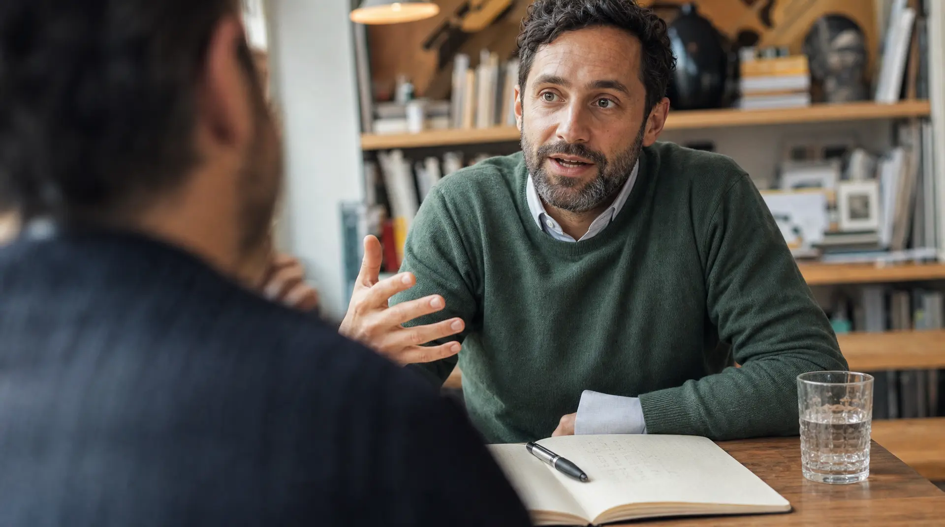 A recruiter in a green sweater speaks with a seated candidate across a wooden table with an open notebook and pen, conveying a recruitment process discussion.