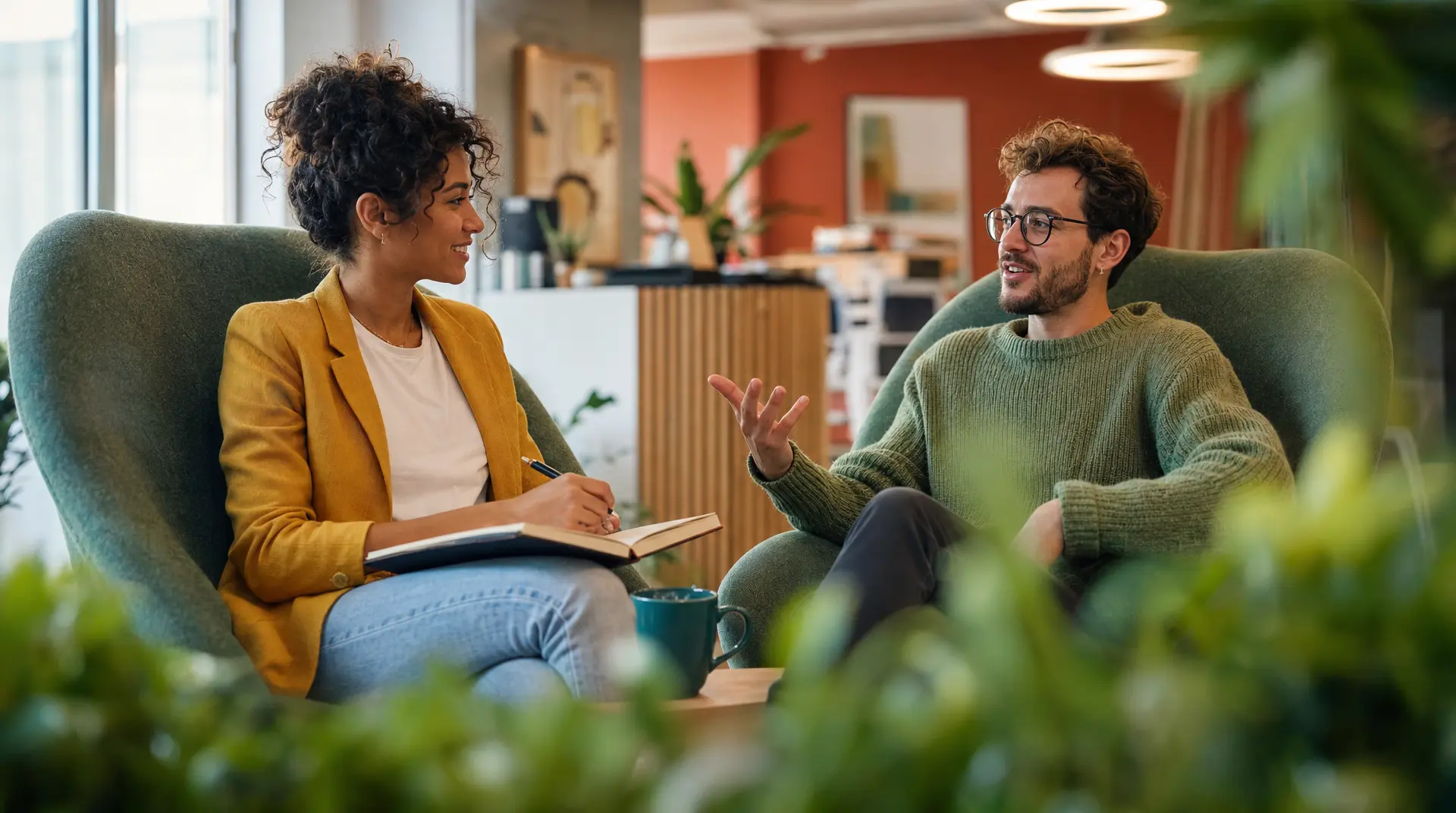 Two professionals sit in green chairs in a bright office, one taking notes while the other gestures during a talent acquisition discussion.