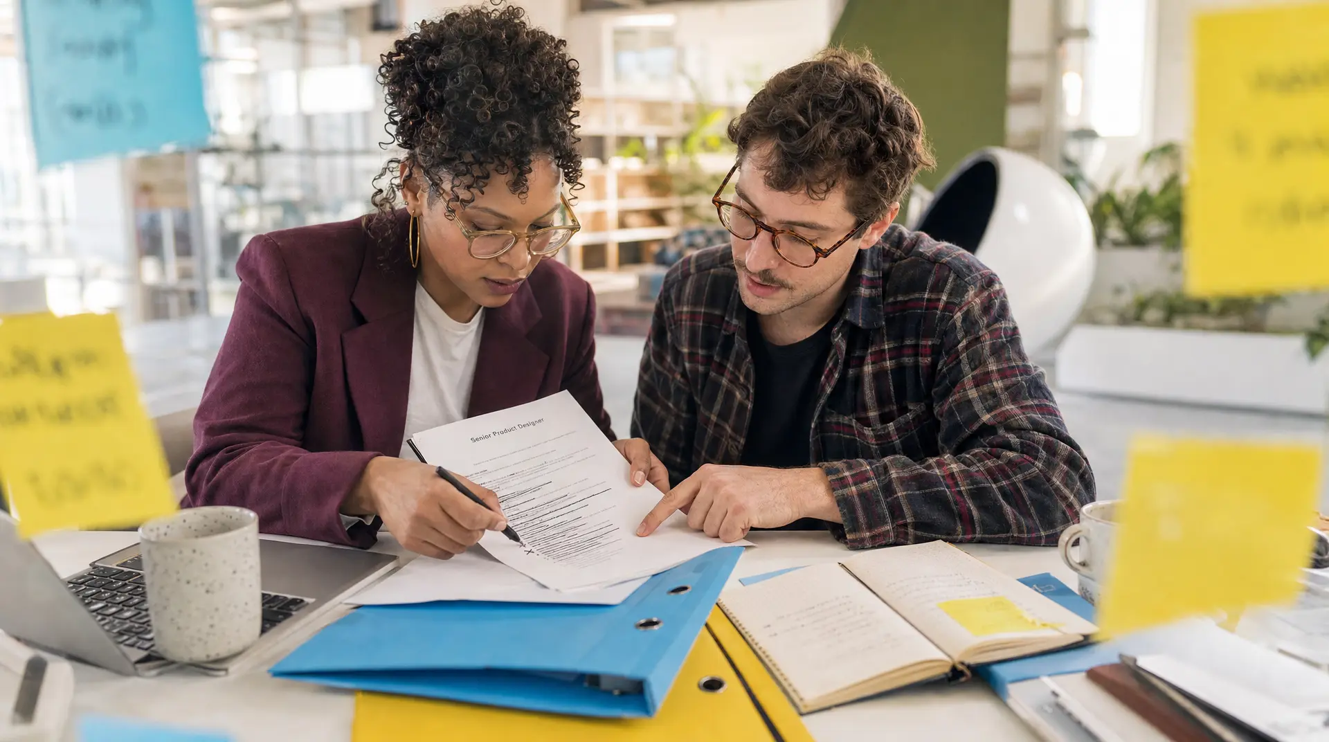 Two people in an office sit at a table reviewing a paper document with printed text while one person signs, representing recruitment and onboarding workflows.