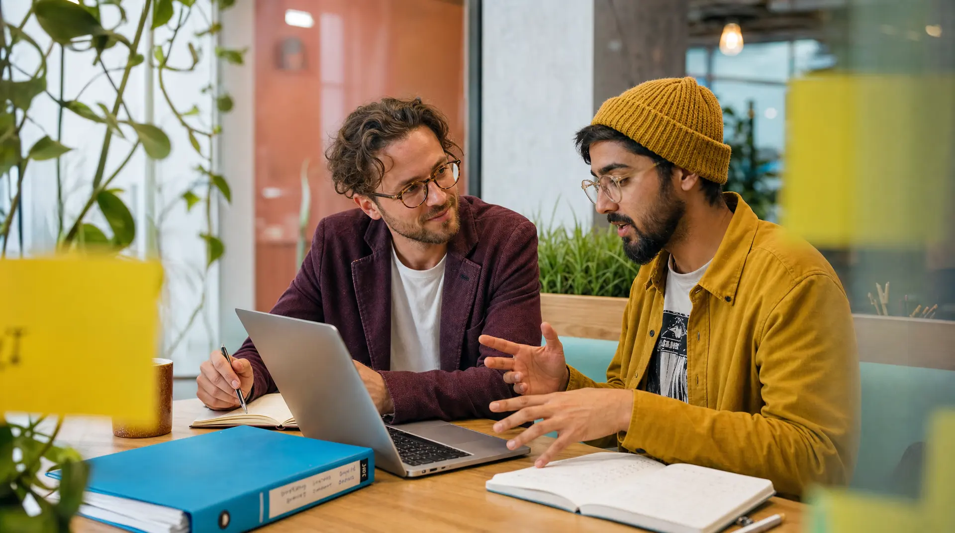 Two professionals sit at a wooden table collaborating over a laptop, with notebooks and office plants visible, aligned to talent acquisition recruitment workflow planning.