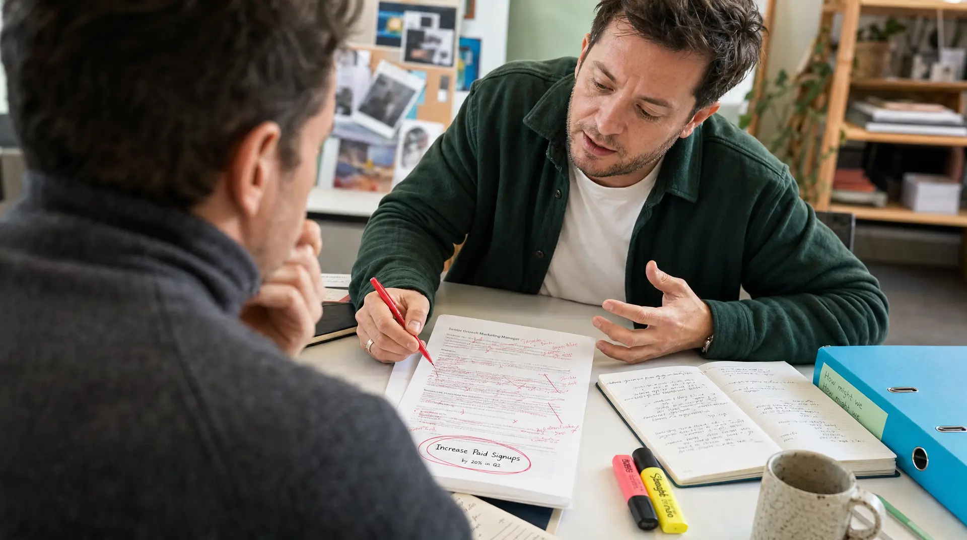 Two coworkers review charts and notes on a marketing plan during a team discussion, reflecting talent acquisition planning.