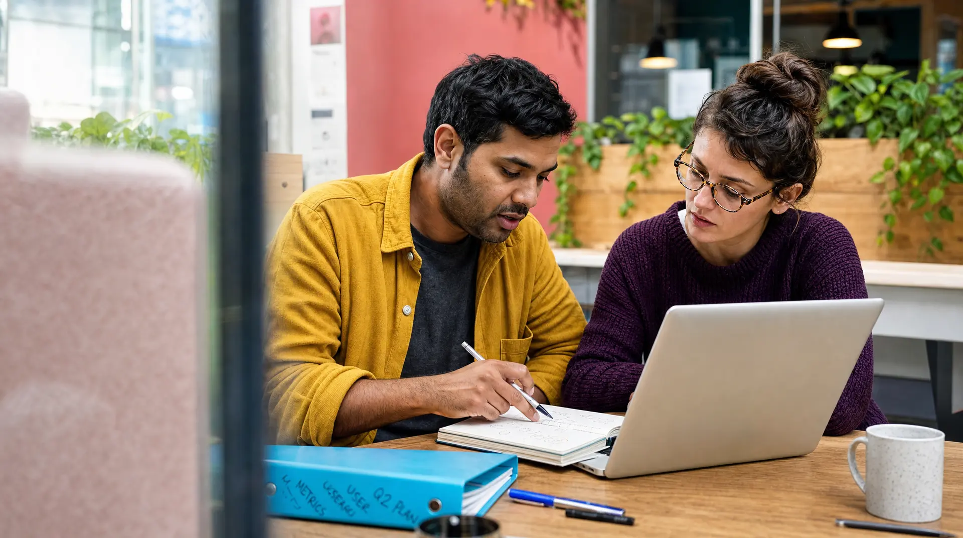 Two coworkers review notes and documents beside a laptop, discussing the recruitment process in a modern office.