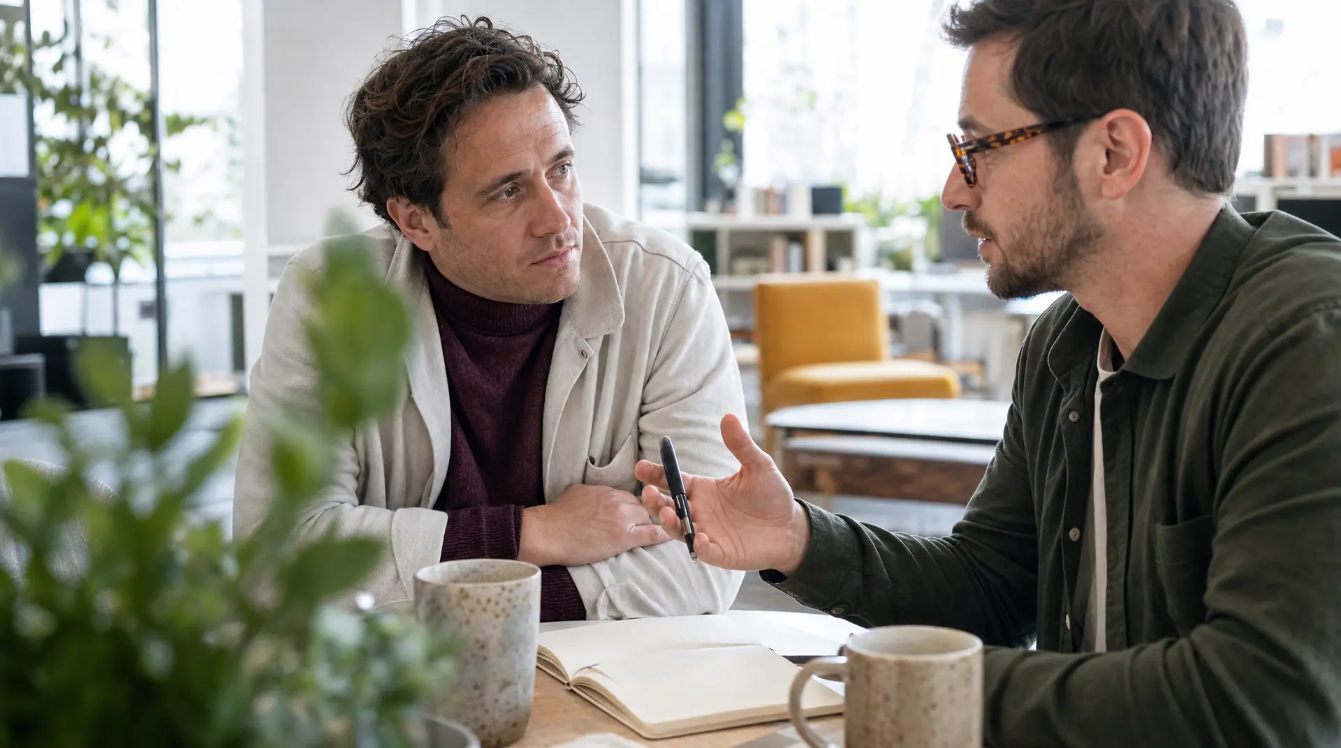 Two professionals sit at a table in an office discussing hiring strategy during talent acquisition and recruitment, with an open notebook and pens between them.
