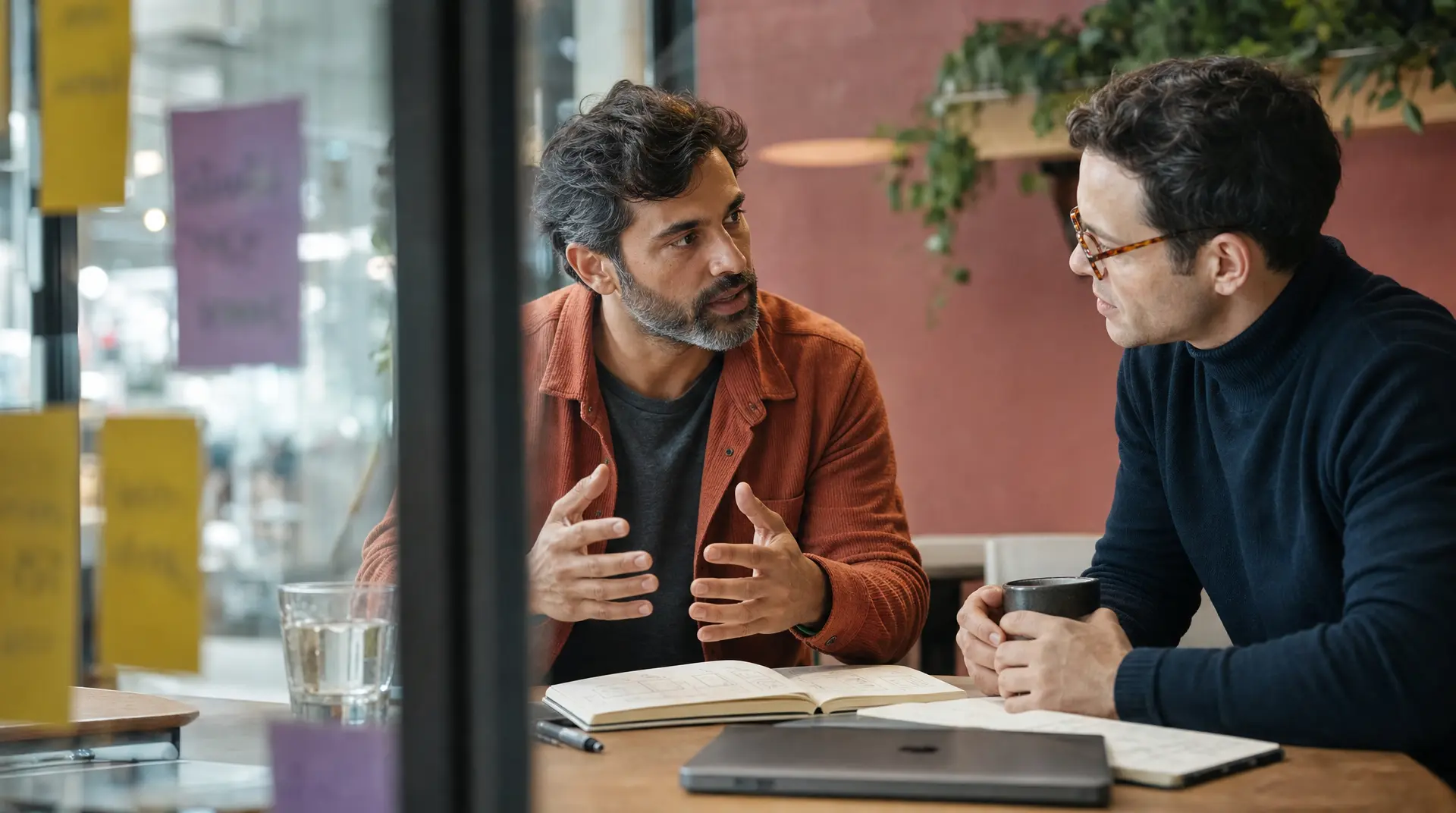 Two colleagues sit at a meeting table reviewing notes and speaking thoughtfully, supporting talent acquisition planning.