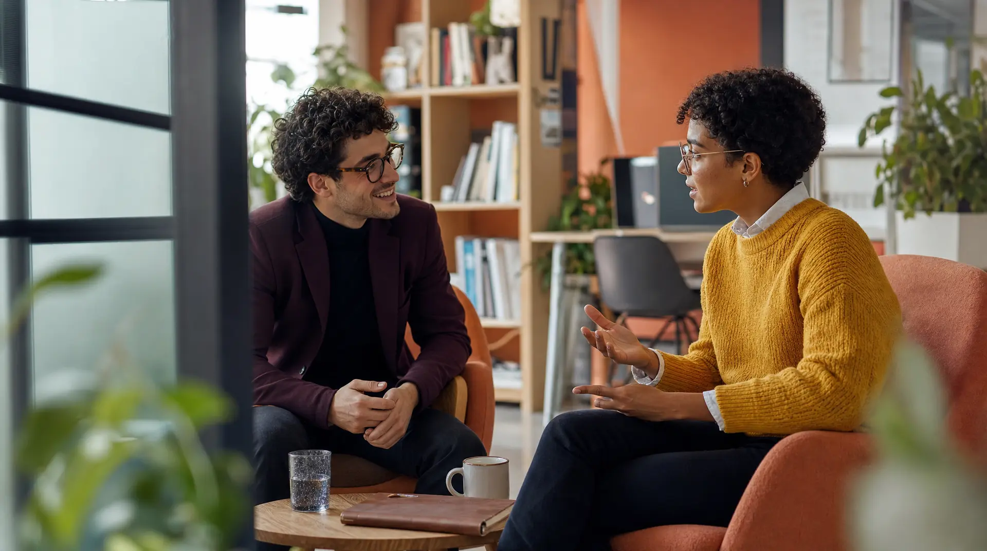 Two professionals seated across a coffee table in a bright office, discussing the role with a focus on recruitment experience.